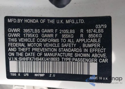 2019 Honda Civic Sport Touring z USA, uszkodzony, nr VIN SHHFK7H94KU418693